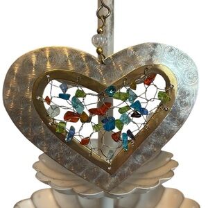 Metal Heart Shaped Ornament Colorful Glass Chip Center 4”